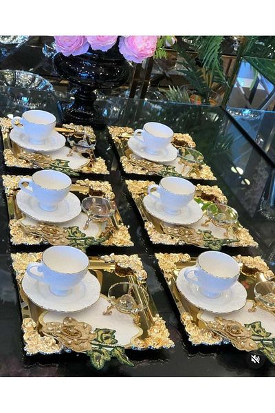 atabey home collection 6 قطع من صينية القهوة والشاي والعرض المعدنية المصبوبة باللون الذهبي موديل روز