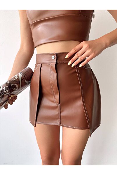 ubmbutik Kadın Etek - Kontraslı Suni Deri Etek