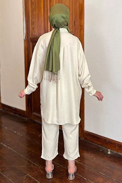 julude Σετ γυναικείο καλοκαιρινό πουκάμισο και παντελόνι με στάμπα πέτρινο τριαντάφυλλο - Hijab Collar