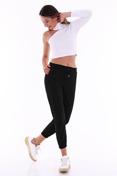 PodiumStar بنطلون نسائي أسود من القماش المرن للغاية من الليكرا بخصر مطاطي