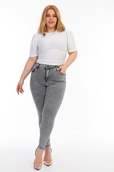 PodiumStar Women's Large Size Light Gray High Waist Full Lycra Slim Fit Shiny Spread Jeans