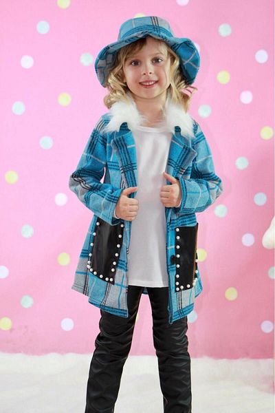 Sparrow Laurel Girl's Fur Collared Plaid Coat Black Leather Leggings Blouse and Hat 4-Piece Set