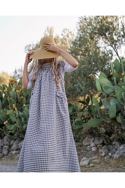 Launes Oversize Pocketed Light Khaki Gingham Gilet/Salopet