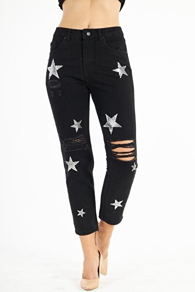 PodiumStar Kadın Yüksek Bel Kabartma Yıldız Baskılı Yırtık Boyfriend Kot Pant...