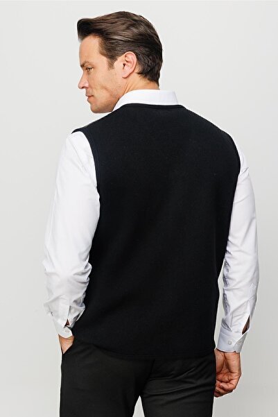 Desen Triko Men's V-Neck Front Checked Vest Black