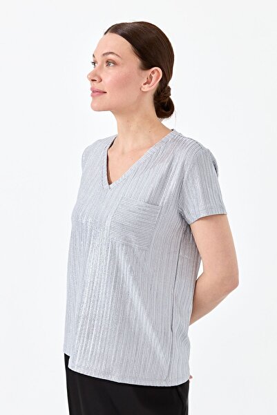 Desen Triko Women's V-Neck Pocket Combed Cotton T-shirt Gray