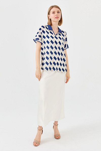 Desen Triko Tricou Polo de damă, cu model pătrat, albastru bleumarin