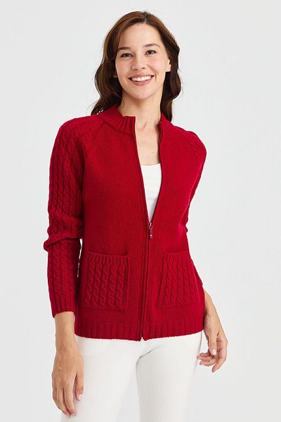 Desen Triko Women's High Collar Pocket and Sleeve Hair Knitted Wool Cardigan Red.