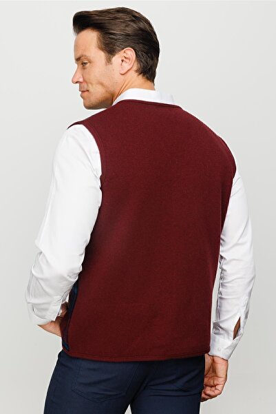 Desen Triko Men's V-Neck Front Checked Vest Claret Red