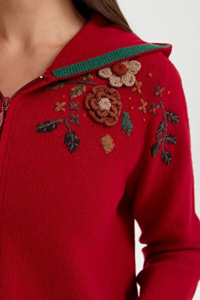 Desen Triko Κόκκινη κουκούλα με κέντημα ώμου μάλλινη ζακέτα - Araboy