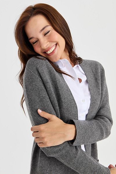 Desen Triko Women's High Collar Self-Banded Long Wool Cardigan Smoked