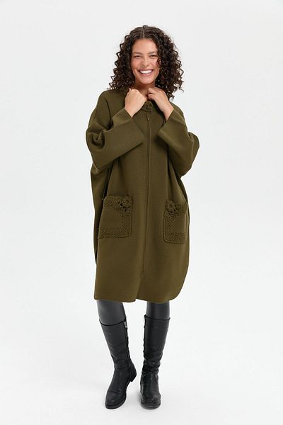 Desen Triko Khaki Color Women's Poncho - Stand Collar, Rose Embroidered and Zippered