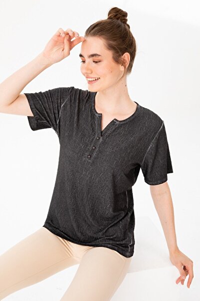 Desen Triko Women's Turn-down Collar Short Sleeve Jacquard Fabric Blouse Black