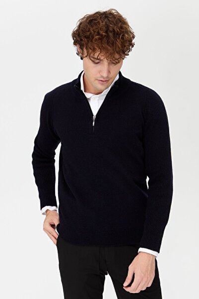 Desen Triko Ανδρικό μάλλινο πουλόβερ με μισό ζιβάγκο με φερμουάρ K.Navy Blue