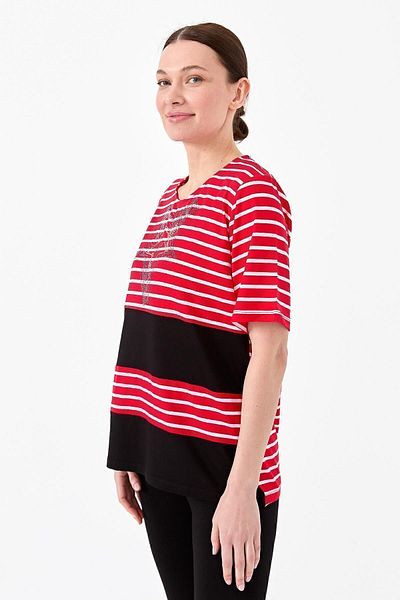Desen Triko Tricou de damă cu gât roșu, cu dungi în față, din bumbac pieptănat