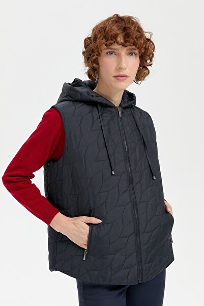 Desen Triko Navy Blue Leaf Patterned Women's Quilted Vest - Short Cut