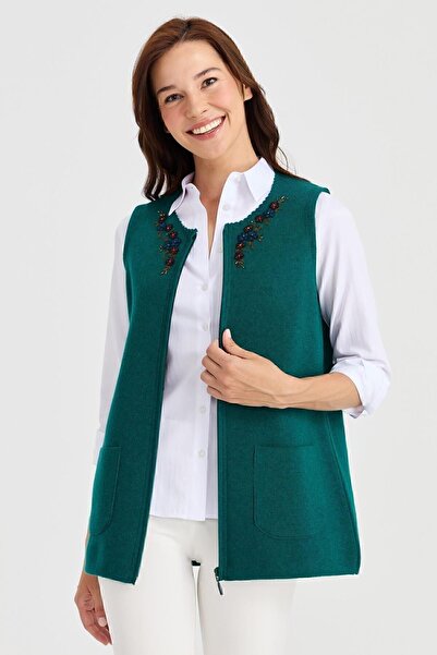 Desen Triko Kadın Sıfır Yaka Kenarı Dantel İşlemeli Yün Yelek K.Ö.başı