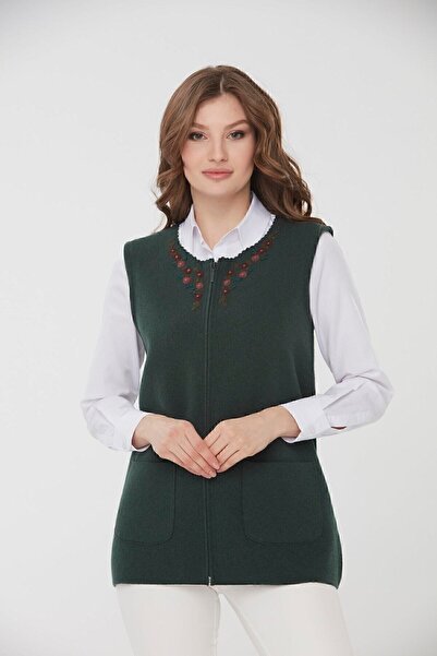 Desen Triko Women's Crew Neck Daisy Embroidered Wool Vest Green