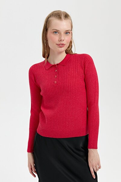 Desen Triko Red Women's Polo Collar Seamless Sweater