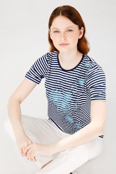 Desen Triko Γυναικεία μπλούζα με κοντό μανίκι με λουλουδάτο εμπριμέ ριγέ χτεν...