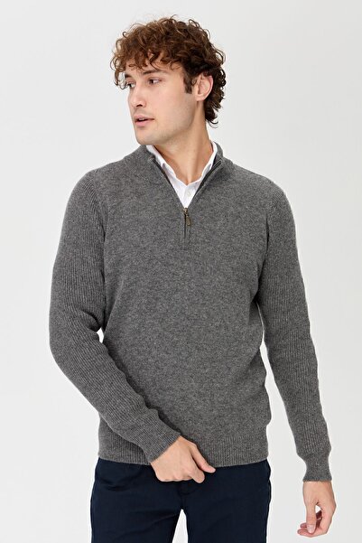 Desen Triko Men's Half Turtleneck Zippered Wool Sweater Smoked