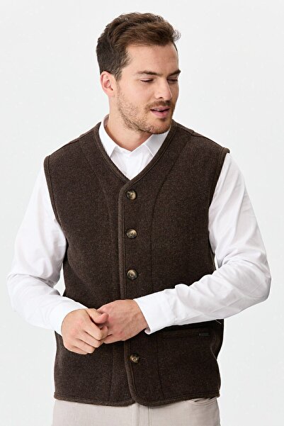 Desen Triko Men's V-Neck Pique Woven Wool Vest with Felt Accessories Dark Brown