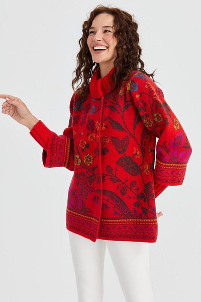 Desen Triko Women's High Collar Ivy Floral Wool Jacket Coral