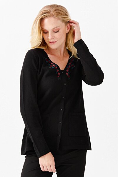 Desen Triko Women's V-Neck Embroidered Buttoned Thin Cardigan Black