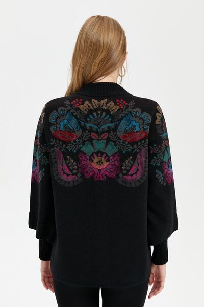 Desen Triko Women's Black Woolen Jacket - Stand Collar and Colorful Flower Pattern