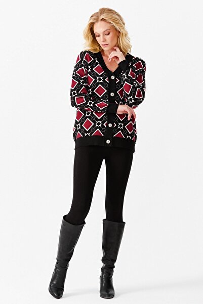 Desen Triko Women's V-Neck Square Patterned Cardigan Black