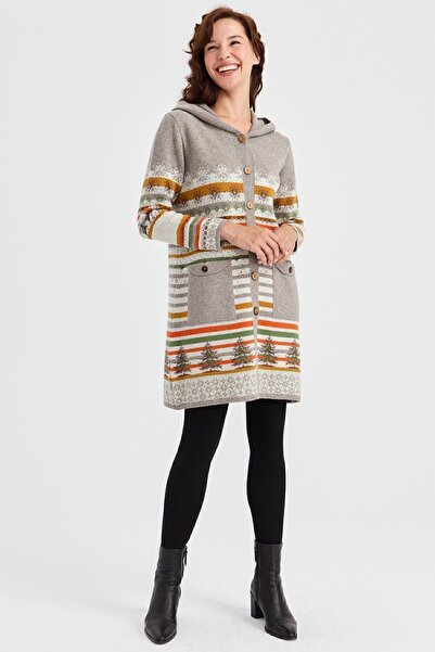 Desen Triko Kadın Kapüşonlu Kar Ve Geyik Desenli Uzun Yün Hırka Kemik