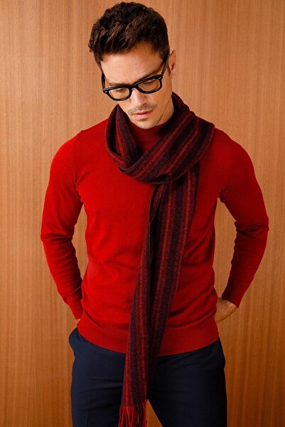 Desen Triko Чоловічий шерстяний шарф у смужку бордового кольору