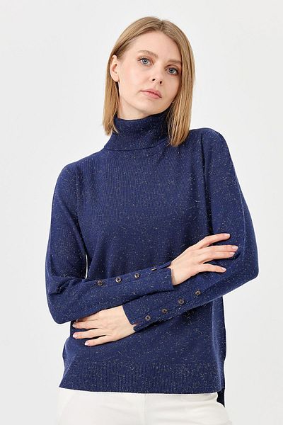 Desen Triko Pulover de damă cu mânecă cu fante, cu gât roscat, albastru bleumarin
