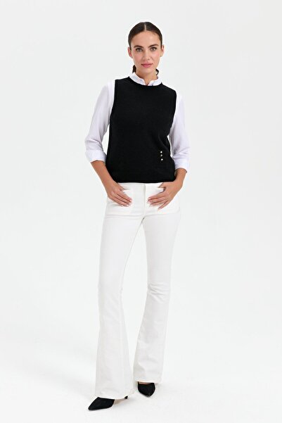 Desen Triko Kadın Sıfır Yaka Dikişsiz Cepli Yün Süveter Siyah