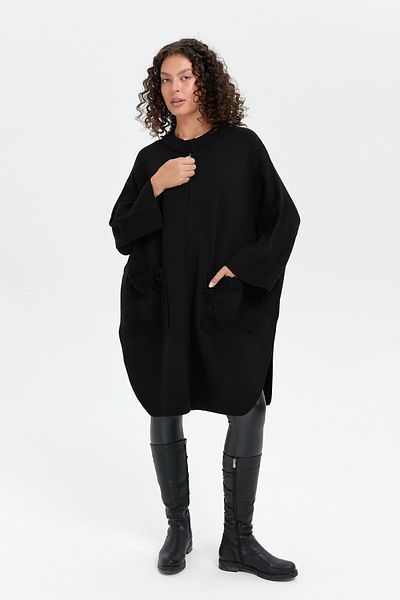 Desen Triko Black Rose Embroidered Stand Collar Women's Poncho - Zippered