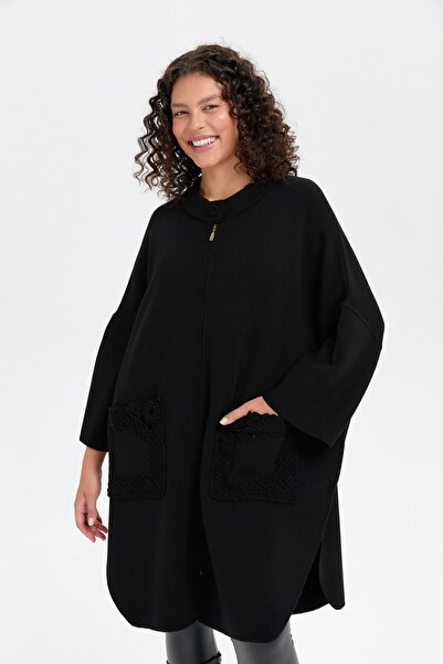 Desen Triko Black Rose Embroidered Stand Collar Women's Poncho - Zippered
