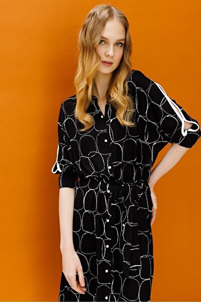 Desen Triko Women's Shirt Collar Pearl Buttoned Combed Cotton Dress Black/ecru