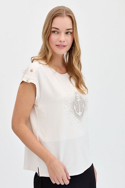 Desen Triko Tricou de damă cu guler zero cu ancoră, cu bijuterii, ecru