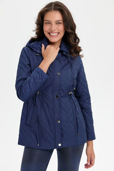 Desen Triko Navy Blue Women's Quilted Coat - Hooded and Waist Lace