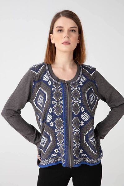 Desen Triko Women's Crew Neck Zippered Front Patterned Cardigan Melange