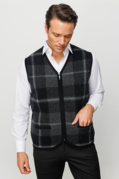Desen Triko Men's V-Neck Front Checked Vest Black