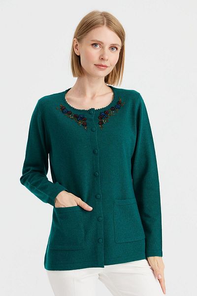 Desen Triko Cardigan de damă cu guler zero brodat din lână K.ö.başı