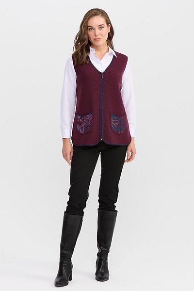 Desen Triko Women's V-Neck Water Stone Beaded Embroidered Short Wool Vest Plum