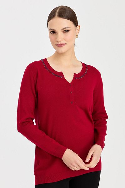 Desen Triko Women's Open Collar Colored Seed Embroidered Blouse Red.