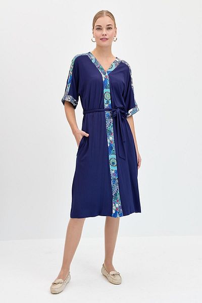 Desen Triko Rochie de damă, cu modele mixte, cu nasturi, din bumbac pieptănat, albastru bleumarin