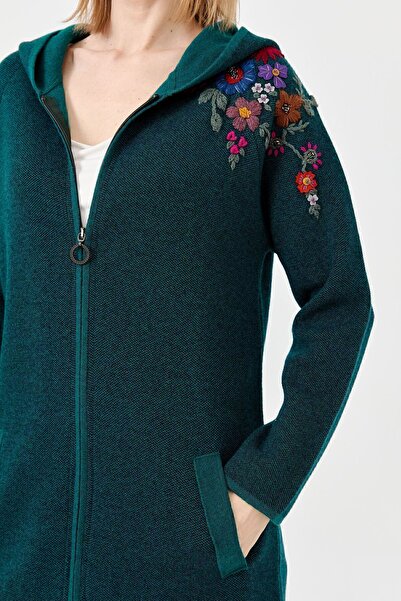 Desen Triko Women's Raglan Sleeve Embroidered Long Wool Cardigan with Embroidered Hood