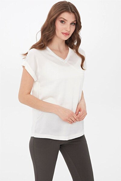 Desen Triko Women's V-Neck Front Satin Blouse Ecru