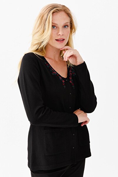 Desen Triko Women's V-Neck Embroidered Buttoned Thin Cardigan Black