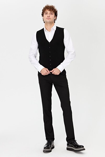 Desen Triko Чоловічий V-подібний комір Тонкий трикотажний жилет Чорний