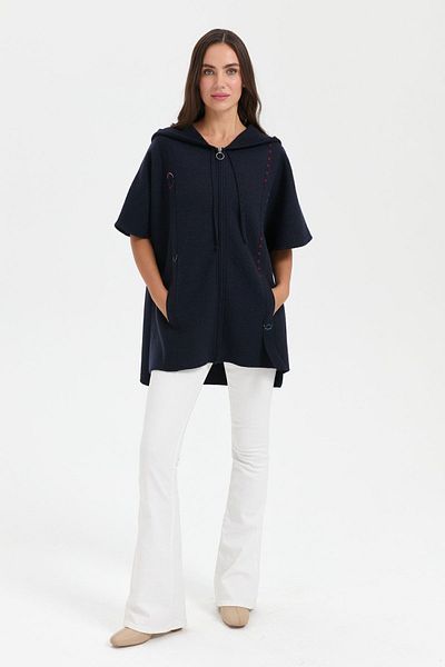 Desen Triko Navy Blue Women's Wool Poncho - Hooded, Felt Embroidered and Zippered